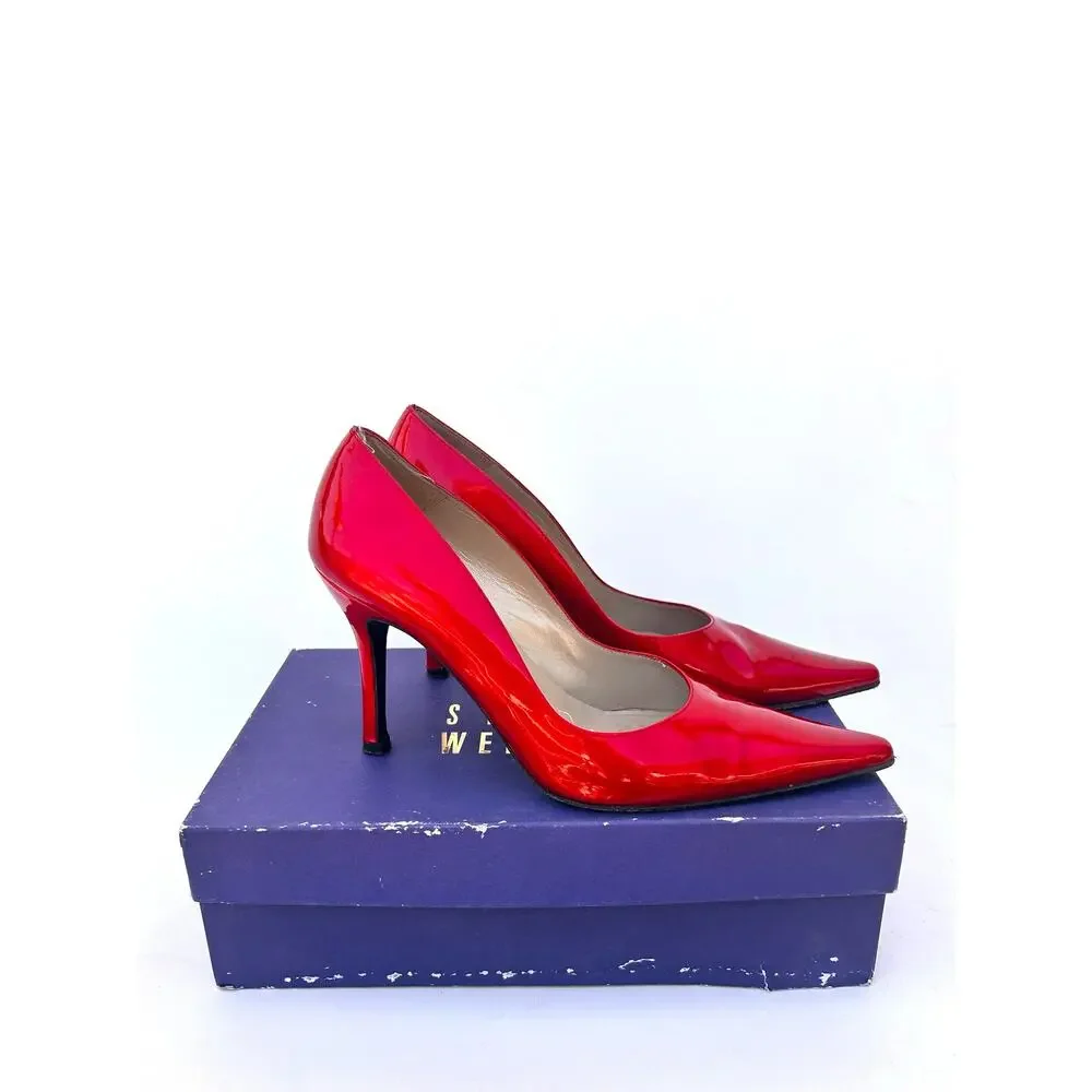 Stuart Weitzman Cherry Red Patent Leather Pointed Toe Heels Stilettos 8.5 Pumps